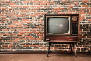 Wall Mural - Retro  old television stands with brick wall background