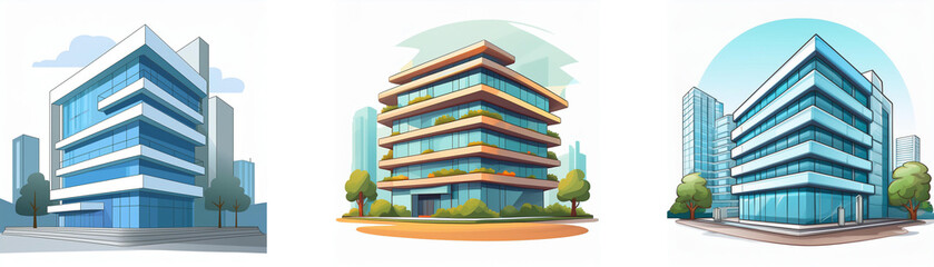Poster - Three modern buildings, showcasing diverse architectural styles in an urban setting.  Each structure reflects unique design and functionality within a city landscape.