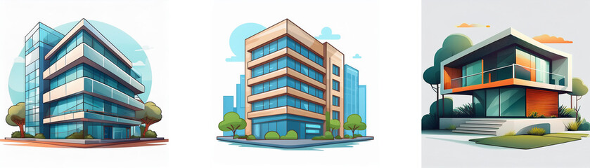 Poster - Three modern building illustrations showcase diverse architectural styles.  A sleek glass high-rise, a multi-story office block, and a contemporary home are depicted in a cityscape.