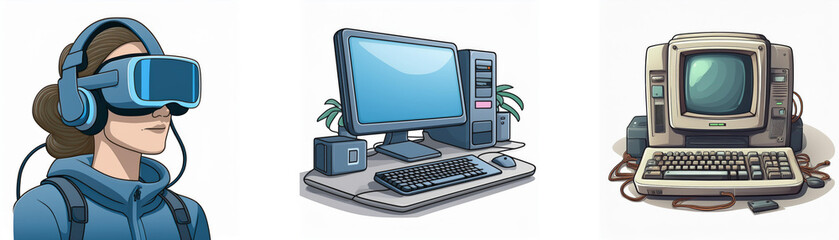 Aufkleber - Illustration showcases evolution of computing: VR headset, modern desktop, vintage computer.  Technology, progress, innovation, digital.