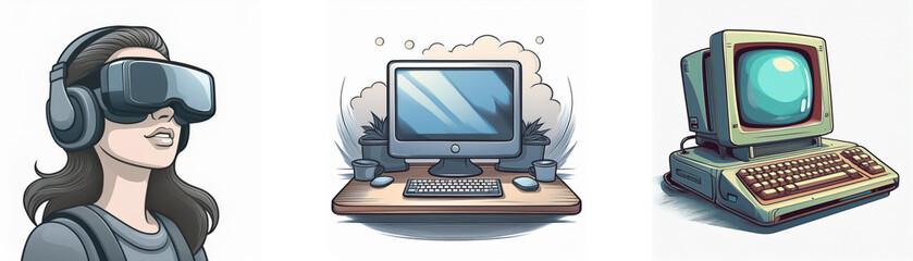 Aufkleber - Evolution of computing: A woman uses a VR headset, alongside modern and vintage computers.  This depicts technological advancements in computing.