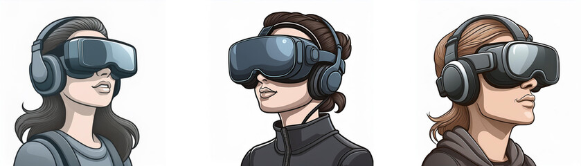 Aufkleber - Three women wearing VR headsets, experiencing immersive virtual reality.  Engaging in technological advancements.