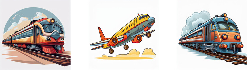 Aufkleber - A colorful illustration showcases three modes of transportation: a passenger train, an airplane taking off, and a locomotive.  Each vehicle is depicted in a vibrant, cartoonish style against simple ba