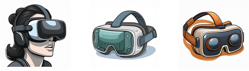 Aufkleber - Three virtual reality headsets illustrated; one on a person's head, two others shown separately.  Modern technology, immersive experience.