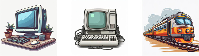 Aufkleber - Retro technology and transportation.  A desktop computer, vintage computer, and passenger train are depicted in a colorful, illustrated style.