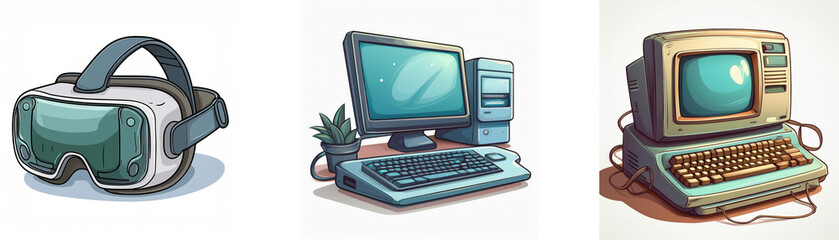 Aufkleber - Illustration showcasing evolution of computing: VR headset, modern desktop, and vintage computer.  Technology, progress, innovation are highlighted.