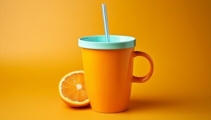 Wall Mural - half orange yellow cup with straw on vibrant background