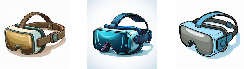 Aufkleber - Three virtual reality headsets in different colors and styles are shown.  Each headset features adjustable straps for comfortable wear.