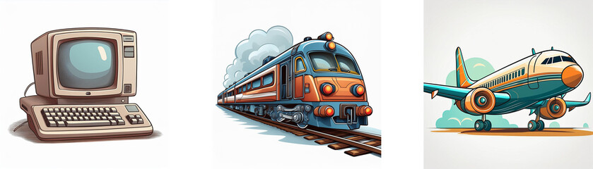 Aufkleber - Retro computer, steam train, and airplane illustration.  A whimsical depiction of vintage technology and travel.