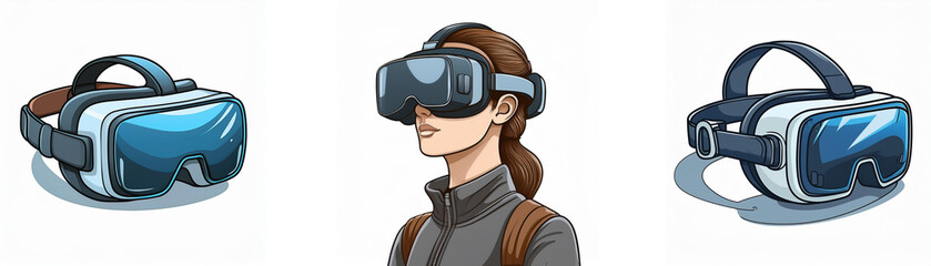 Aufkleber - Illustration showing three virtual reality headsets; one in use by a person, two others shown separately.  The headsets are sleek and modern.