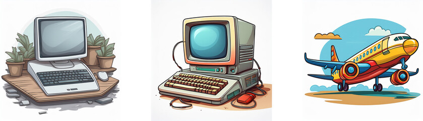 Aufkleber - Retro illustration featuring vintage computers and an airplane, symbolizing technological advancement and travel.