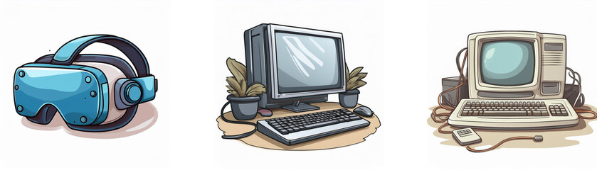 Aufkleber - Evolution of computing devices: VR headset, desktop PC, and vintage computer.  A visual representation of technological progress.