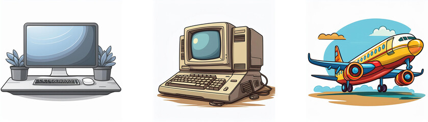 Aufkleber - A modern computer, vintage PC, and airplane illustration.  Technology, travel, and progress are shown.