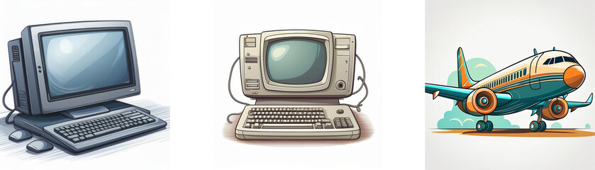 Poster - Retro computers and a vintage airplane are depicted in a colorful illustration.  The image evokes feelings of nostalgia and technological advancement.