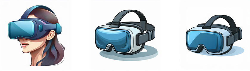 Aufkleber - Illustration of three virtual reality headsets; one being worn by a woman, and two others shown separately.  The headsets are predominantly white and blue.