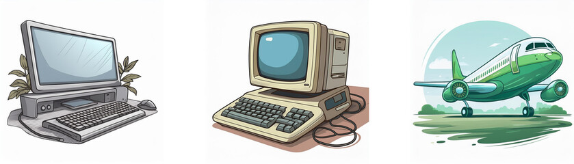 Aufkleber - Illustration showing vintage computer, desktop PC, and airplane.  Retro technology and travel.
