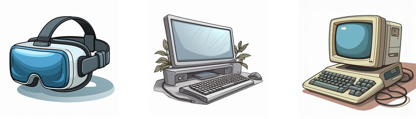 Aufkleber - Evolution of computing devices: VR headset, modern desktop, vintage computer.  Shows technological advancement in personal computing.