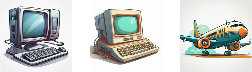 Aufkleber - Retro illustration featuring vintage computers and a jet plane, symbolizing technological advancement and travel.
