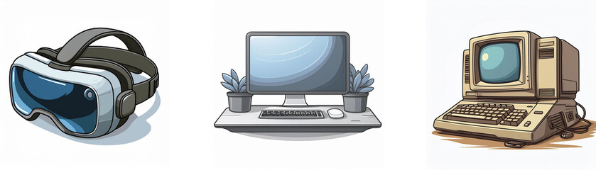 Aufkleber - Illustration showing evolution of computing: VR headset, modern desktop, and vintage PC.  Technological advancement is clearly depicted.