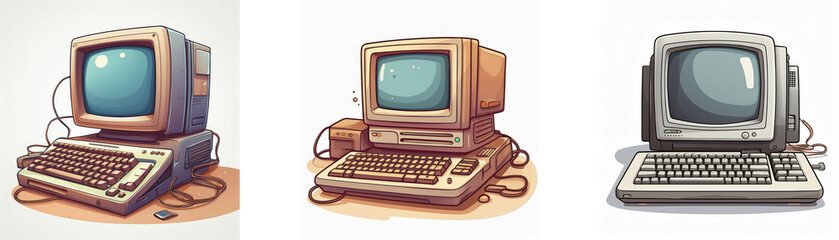 Aufkleber - Three retro-styled desktop computers, each with a CRT monitor and integrated keyboard, showcasing variations in color and design.  A nostalgic look at early personal computing.