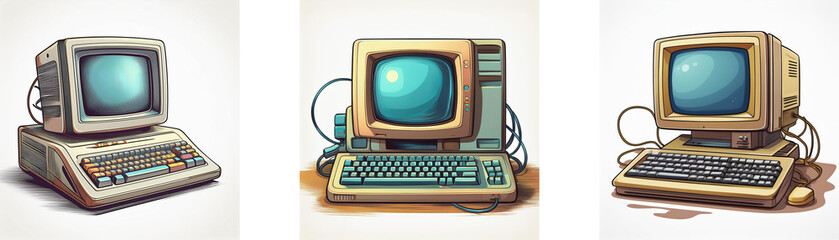 Aufkleber - Three vintage computers, beige and retro, display a nostalgic look at early computing technology.  A glimpse into the past.