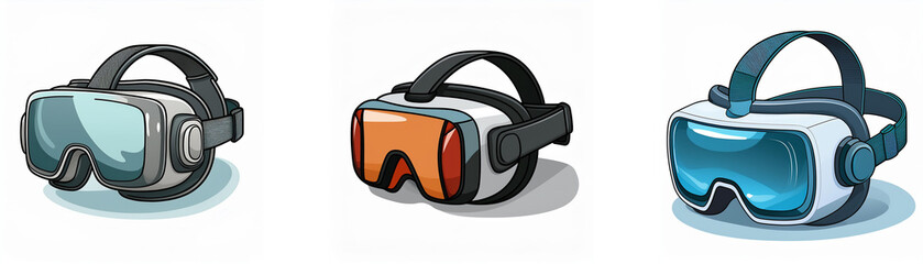 Aufkleber - Three virtual reality headsets in different colors.  Modern technology, immersive experience, future gadget.