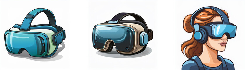 Poster - Three illustrations showcase virtual reality headsets.  One headset is teal, another is teal and beige, and a woman wears a third headset.