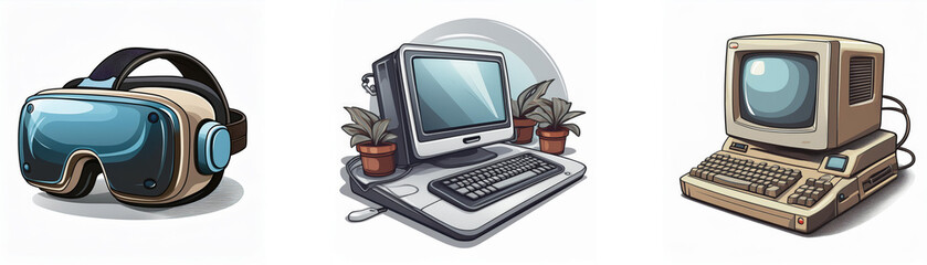 Aufkleber - Evolution of computing: VR headset, modern desktop, and vintage computer shown together.  A visual representation of technological advancement.