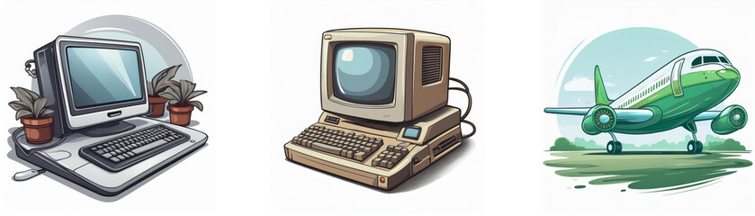 Fototapete - Retro computer illustrations, including a desktop PC, vintage computer, and airplane.  Evokes nostalgia for older technology and travel.