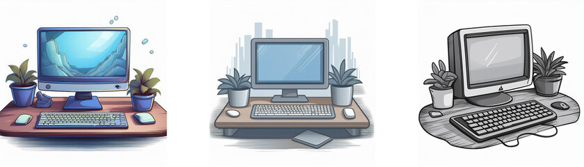 Aufkleber - Three computer setups are illustrated, each featuring a desktop computer, keyboard, mouse, and potted plants.  The styles vary slightly, showing different eras of computer design.
