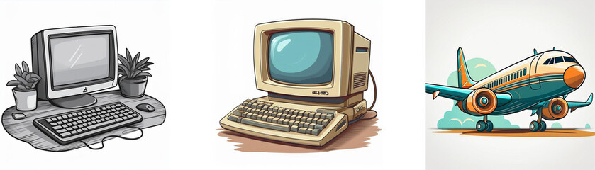 Fototapete - Retro computer illustration, grayscale and color versions, alongside a cartoon airplane.  A nostalgic tech and travel scene.