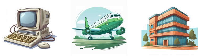 Aufkleber - A retro computer, a passenger airplane on a runway, and a modern office building are depicted in a colorful, cartoonish style.  This illustration suggests technology, travel, and business.