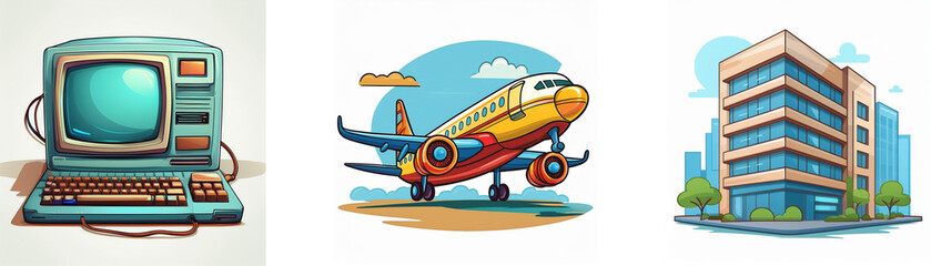 Aufkleber - Retro computer, airplane taking off, and modern building; a whimsical illustration of progress and technology.
