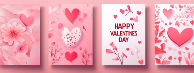 Wall Mural - Happy Valentine's Day cards adorned with ornate hearts and leaves, yet maintaining a simple and minimalistic design, including a copy space. These are modern, universal artistic templates