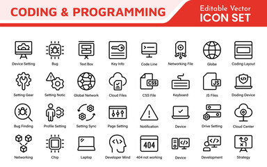 Programming coding set of web icons in line style. Software development icons for web and mobile app. Code, api, programmer, developer, information technology, coder and more.