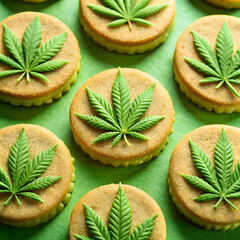 cookies with cannabis leave imprint on green background