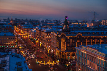 Wall Mural - Aerial view of festively decorated Nevsky Prospect and the House of Books from the Dumskaya Tower.