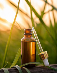 Wall Mural - Lemongrass field, Cymbopogon citratus, glass pipette, essential oil, óleo essencial, amber glass bottle, sun, aromaterapia, sun, nature background, óleo essencial de capim limão