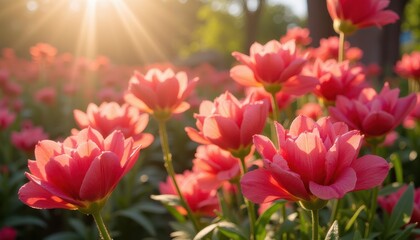 Wall Mural - A vibrant meadow full of blooming flowers and lush greenery under a clear blue sky. The scene captures the essence of renewal and growth associated with the Spring Equinox