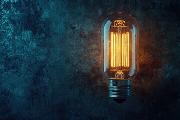 Vintage incandescent bulb glowing on a dark background with copy space. Soft light from the lamp. Creative idea, innovation concept, and business success concepts.