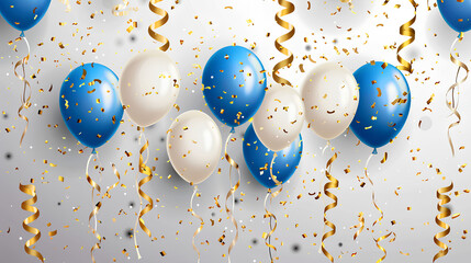 Happy birthday background with blue and white balloons, golden streamers on a light gray background