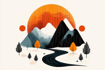 Aufkleber - A minimalist flat design of Zion Canyon, with clean lines and bold shapes representing the red cliffs, green trees, and a winding river