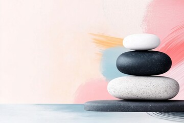 Poster - A minimalist flat design of a Zen rock garden with a single smooth stone and perfectly raked concentric sand patterns, set on a soft pastel background
