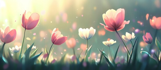 Wall Mural - A stunning spring bouquet of tulips, perfect for postcards and web banners. A romantic and dreamy landscape featuring a beautiful nature meadow and sunlight, with space for text