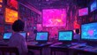 © Panithi - Cyberpunk Classroom Students Working on Computers at Night