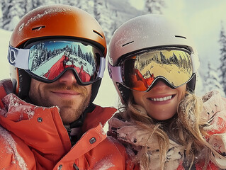 Smiling couple in ski gear enjoying a snowy winter adventure.Valentine´s day