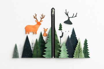 Poster - A simple 2D illustration of an open zipper revealing a green forest scene with cartoon animals peeking through, all drawn on a clean white background