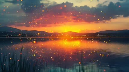 Canvas Print - Magical Sunset Glows Over Calm Lake Water