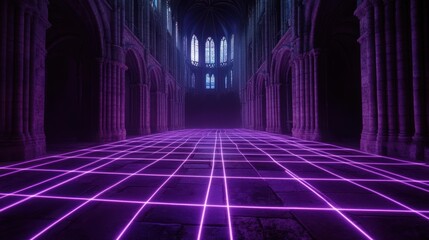 Poster - Gothic Cathedral Aisle Illuminated With Neon Grid