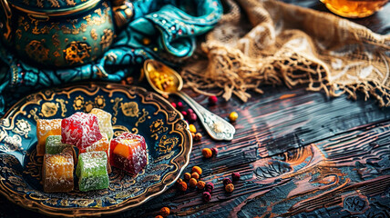 Wall Mural - Colorful pieces of Turkish delight on a decorative plate, a traditional oriental treat for the Ramadan holiday